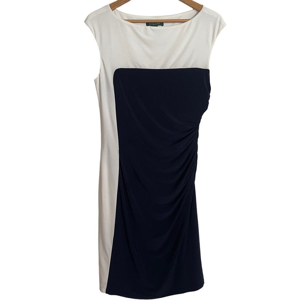 Lauren Ralph Lauren Color Block Ruched Sleeveless Sheath Dress Navy White SZ 12